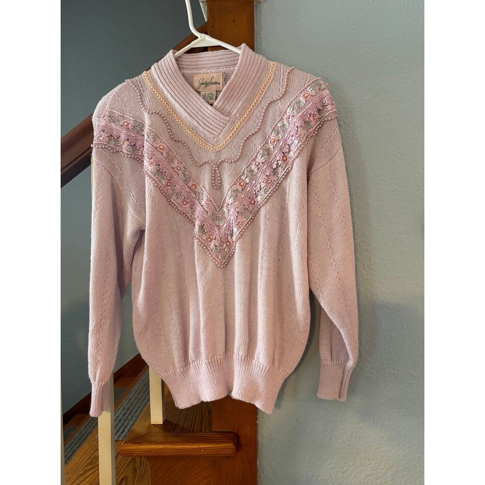 Jaclyn smith vintage shoulder pads sweater medium pink embellished pearls beads